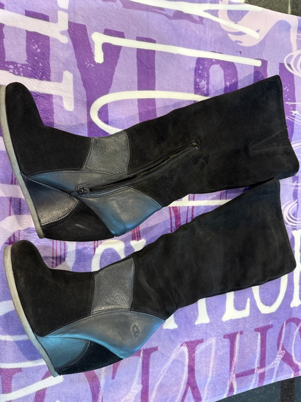 Fly London Black Suede & Leather Knee-High Wedge Boots